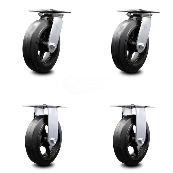 8 Inch Rubber on Steel Caster Set with Roller Bearings 2 Swivel 2 Rigid SCC